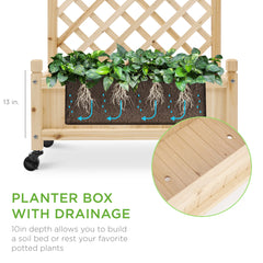 Set of 2 Wood Planter Box & Lattice Trellis w/ Optional Wheels - 48in