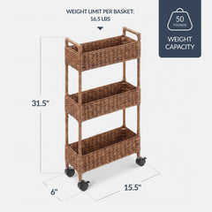 3-Tier Slim Rolling Nursery Caddy w/Wheels, Handwoven Utility Cart