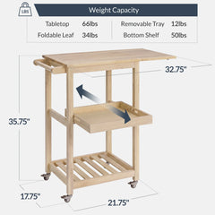 Rolling Kitchen Island Cart w/ Drop Leaf Extension, Solid Wood