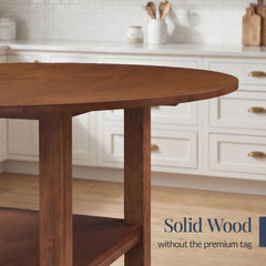 42" Round Drop Leaf Dining Table For 4, Solid Wood Table W/ Storage Shelf