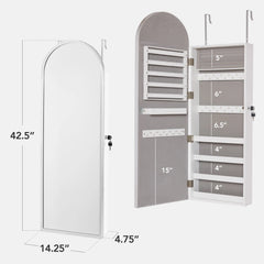 Door/Wall Mounted Arch Mirror Jewelry Armoire, w/ Metal Frame, Built-In Lock