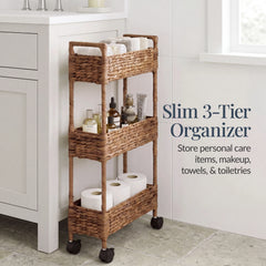 3-Tier Slim Rolling Nursery Caddy w/Wheels, Handwoven Utility Cart