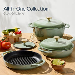 6-Piece Cast Iron Cookware Set, Dutch Oven, Skillet W/Lid, Grill Pan, Press