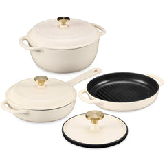 6-Piece Cast Iron Cookware Set, Dutch Oven, Skillet W/Lid, Grill Pan, Press