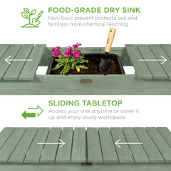 Wood Garden Potting Bench w/ Sliding Tabletop, Food Grade Dry Sink, Wheels