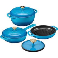 6-Piece Cast Iron Cookware Set, Dutch Oven, Skillet W/Lid, Grill Pan, Press