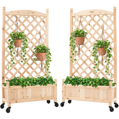 Set of 2 Wood Planter Box & Lattice Trellis w/ Optional Wheels - 48in