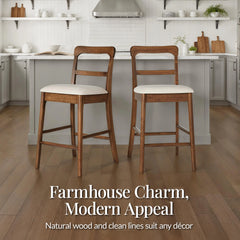 26" Counter-Height Farmhouse Wood Stools w/ Cushion & Backrest, Set of 2