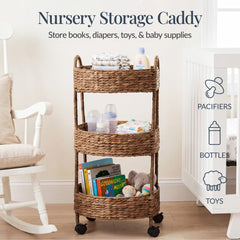 3-Tier Round Rolling Nursery Caddy w/Wheels, Handwoven Utility Cart