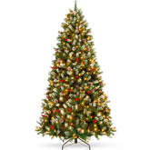 Pre-Lit Frosted Spruce Christmas Tree, w/ Pinecones, Berries, Metal Base