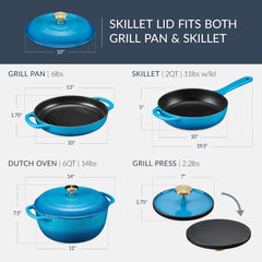 6-Piece Cast Iron Cookware Set, Dutch Oven, Skillet W/Lid, Grill Pan, Press