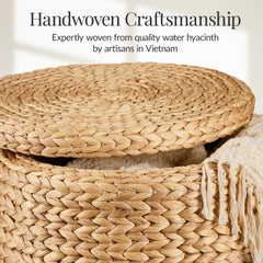 17" Round Storage Ottoman with Lid, Handwoven Water Hyacinth Footstool