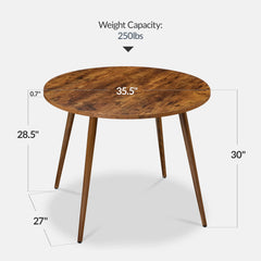 Round Mid-Century Modern 35.5in Dining Table, Dinette for Home or Kitchen w/Wood Finish Steel Legs