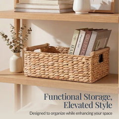 Wicker Storage Basket, Shelf Basket w/ Wooden Handles
