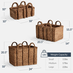 3Pc Shelf Baskets, Small, Large & XL Chunky Woven Baskets w/ Braided Handles