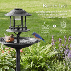 Solar Lighted Outdoor Pedestal Bird Bath w/ Planter, Decorative Bird Cage