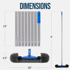 20" Pool Brush with 9 ft Aluminum Pole Pool Wall & Floor Cleaning Set