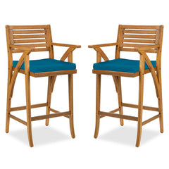 Set of 2 Outdoor Acacia Wood Bar Stools Chairs w/ Weather-Resistant Cushions