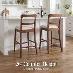 26" Counter-Height Farmhouse Wood Stools w/ Cushion & Backrest, Set of 2