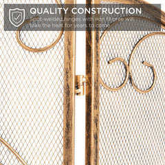 3-Panel Wrought Iron Metal Fireplace Screen Cover w/ Scroll Design - 55x33in