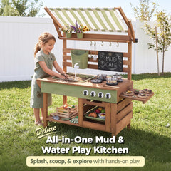 Deluxe Wooden Outdoor Mud Kitchen w/ Canopy, Sink, Faucet & 14pc Accessories