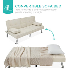 Linen Upholstered Convertible Sofa Bed Futon w/ 2 Cupholders