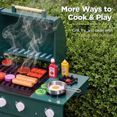 Kids Wooden BBQ Grill Playset, Pretend Kitchen Toy w/ 28 Accessories