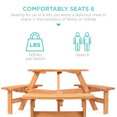 6-Person Circular Wooden Picnic Table w/ Umbrella Hole, 3 Benches