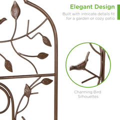 Iron Arched Garden Trellis Fence Panel w/ Branches, Birds - 60x15in