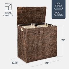 Large Water Hyacinth Double Laundry Hamper Basket w/ 2 Liner Bags