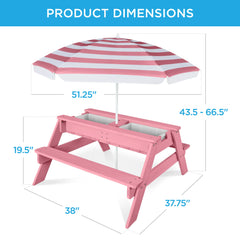 3-in-1 Kids Sand & Water Table Outdoor Wood Picnic Table w/ Umbrella
