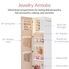 Rotating Mirror w/ Storage Cabinet, Swivel Jewelry Armoire, Shelves, Hooks