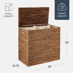 Large Water Hyacinth Double Laundry Hamper Basket w/ 2 Liner Bags