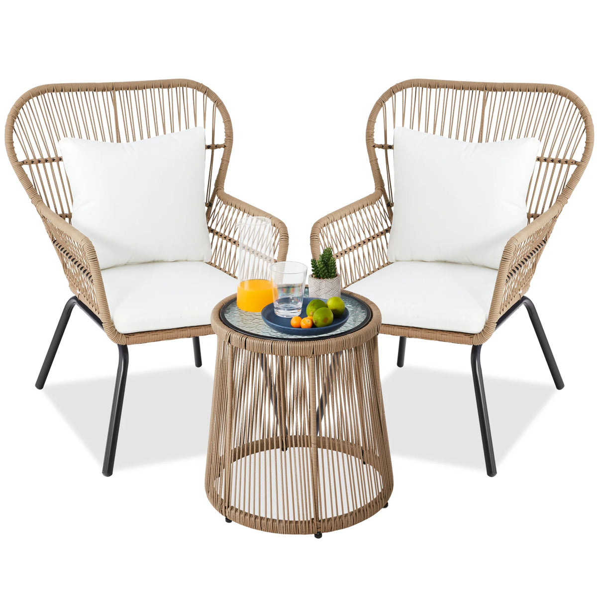 3-Piece Patio Wicker Conversation Bistro Set w/ 2 Chairs, Glass Top Table
