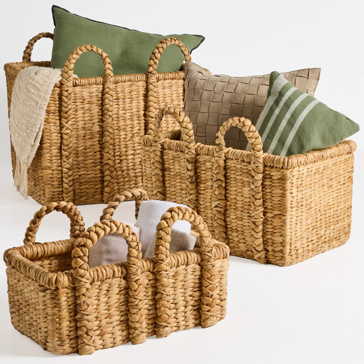 3Pc Shelf Baskets, Small, Large & XL Chunky Woven Baskets w/ Braided Handles