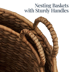 Round Storage Basket w/ Handles, Handwoven Water Hyacinth Tote