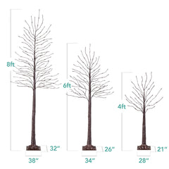 Set of 3 Lighted Twig Birch Trees, 4ft, 6ft, 8ft w/ 300 2-in-1 LEDs