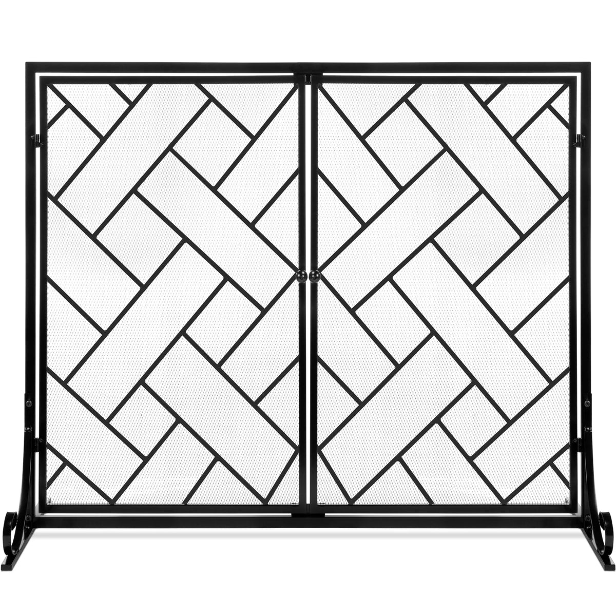 2-Panel Wrought Iron Geometric Fireplace Screen w/ Magnetic Doors - 44x33in
