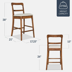 26" Counter-Height Farmhouse Wood Stools  w/ Cushion & Backrest, Set of 2