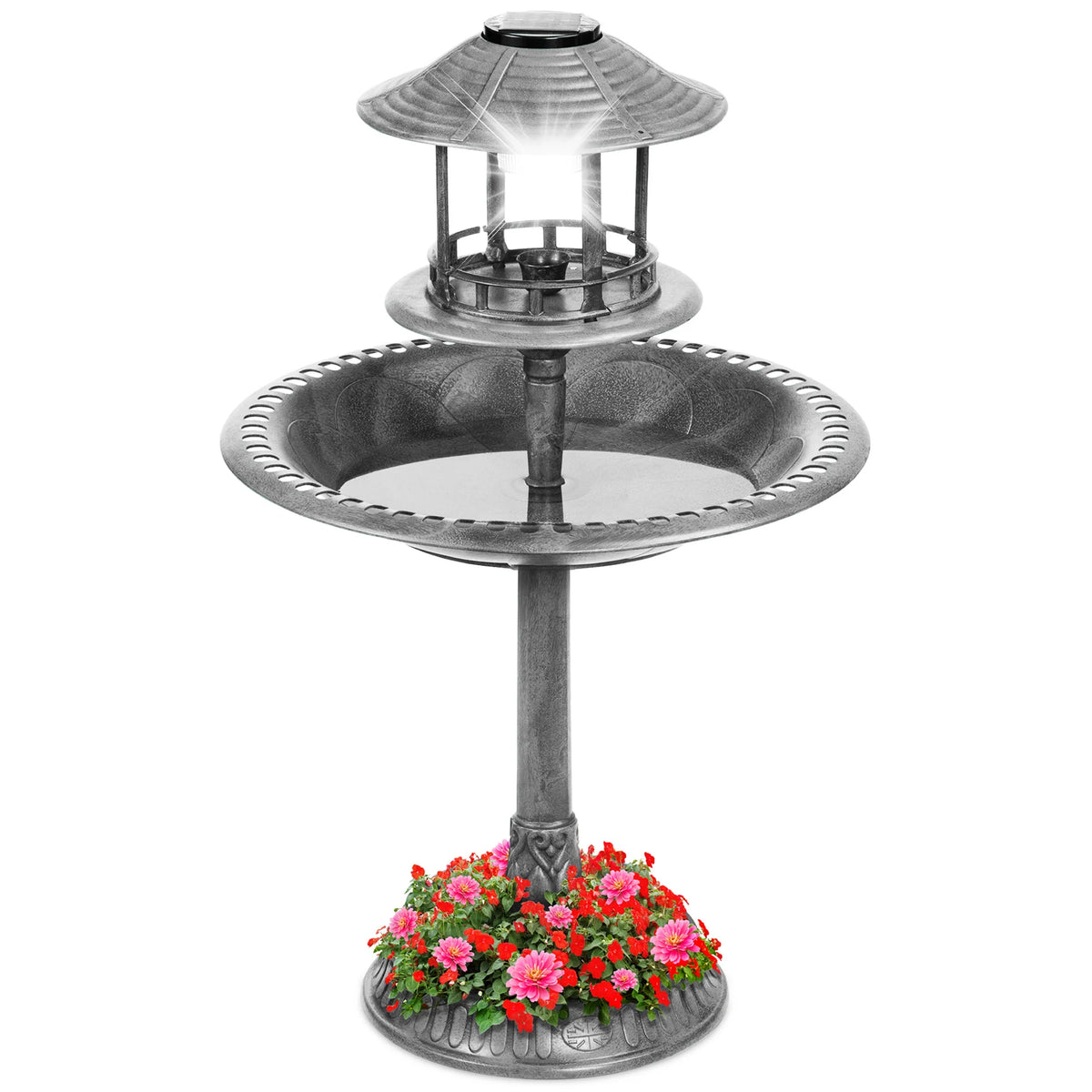 Solar Lighted Outdoor Pedestal Bird Bath w/ Planter, Decorative Bird Cage