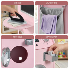 Pretend Play Kids Wooden Washer & Dryer Set w/ Laundry Accessories