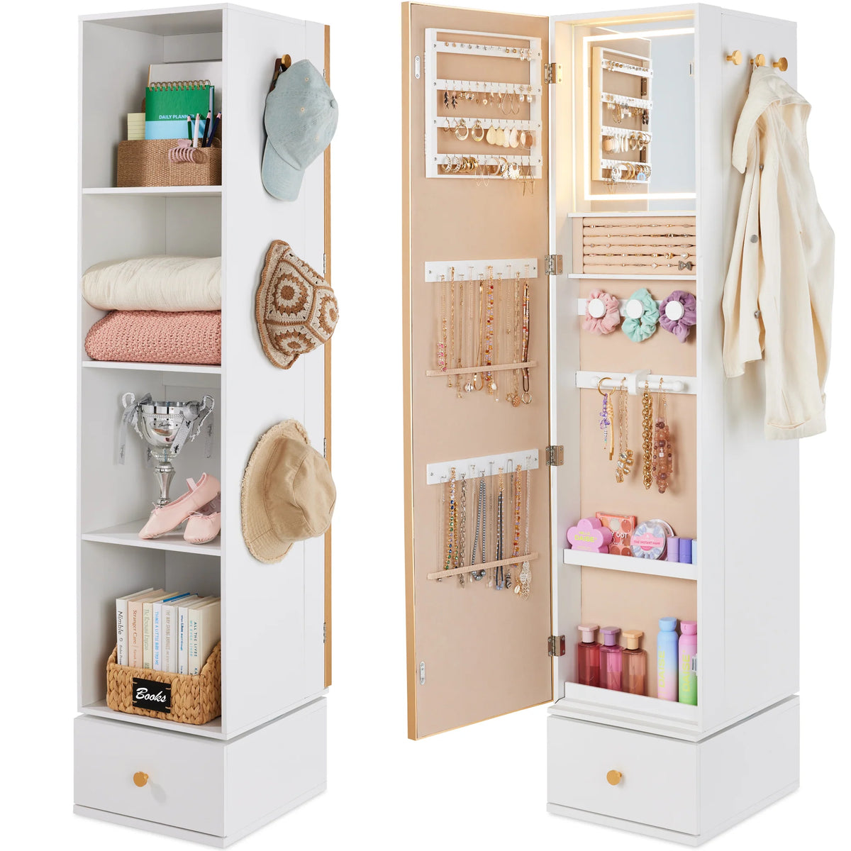 Rotating Mirror w/ Storage Cabinet, Swivel Jewelry Armoire, Shelves, Hooks