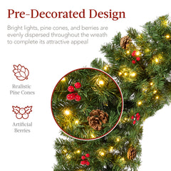 Pre-Lit Artificial Christmas Wreath w/Berries & Pinecones, Red Bow, Lights