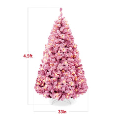 Prelit Pink Christmas Tree, Snow Flocked Full Holiday Decor w/ Metal Base