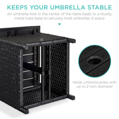 Outdoor Wicker Patio Side Table Accent Furniture w/ Umbrella Hole
