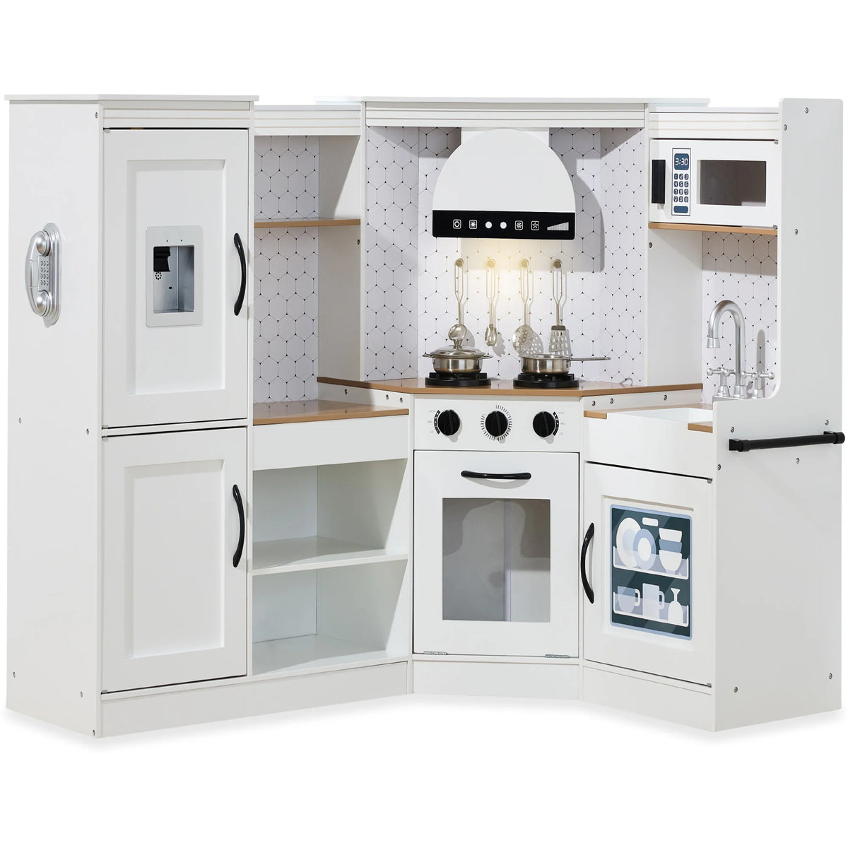 Pretend Play Corner Kitchen Wooden Toy Set for Kids w/ Lights, Sounds