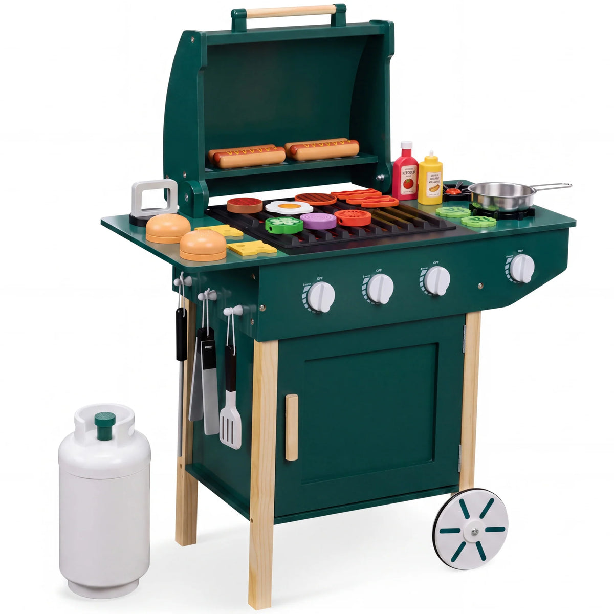 Kids Wooden BBQ Grill Playset, Pretend Kitchen Toy w/ 28 Accessories