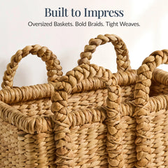 3Pc Shelf Baskets, Small, Large & XL Chunky Woven Baskets w/ Braided Handles