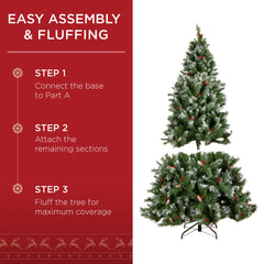 Pre-Lit Christmas Pine Tree w/ Pine Cones, Flocked Branch Tips, Berries