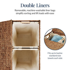 Large Water Hyacinth Double Laundry Hamper Basket w/ 2 Liner Bags